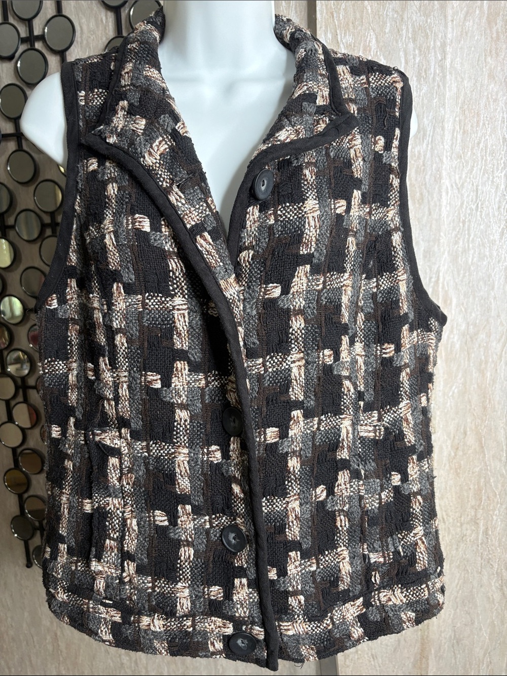 CJ Banks Black & Cream Textured Plaid Button Vest